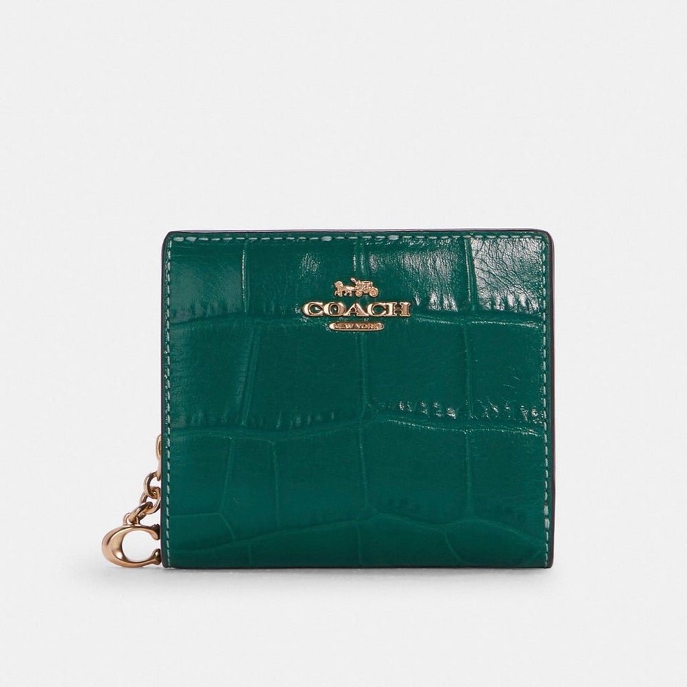COACH NWT Emerald Green Leather Crocodile-Embossed Snap Wallet